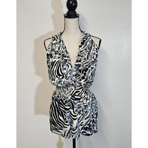 Grass Animal Print Romper Womens Sz M Silky Ruffled Deep V Neck Indie Sleaze NWT